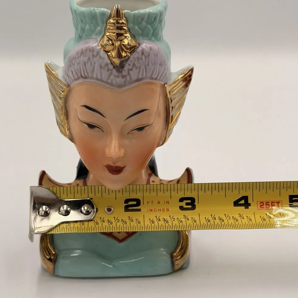 Vintage Asian Lady Head Mini Vase Celadon Jade Gold Japan Mid Century Japan 1950
